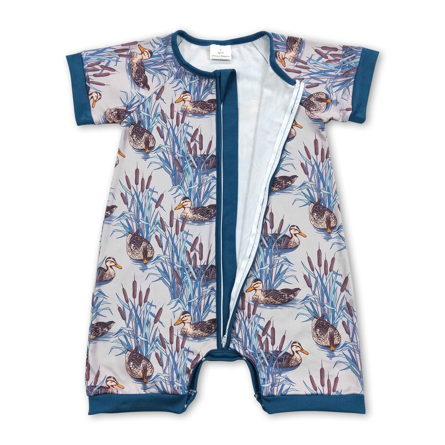 Blauer Baby-Jumpsuit mit Reißverschluss, kurzen Ärmeln und Entenmotiv für Jungen