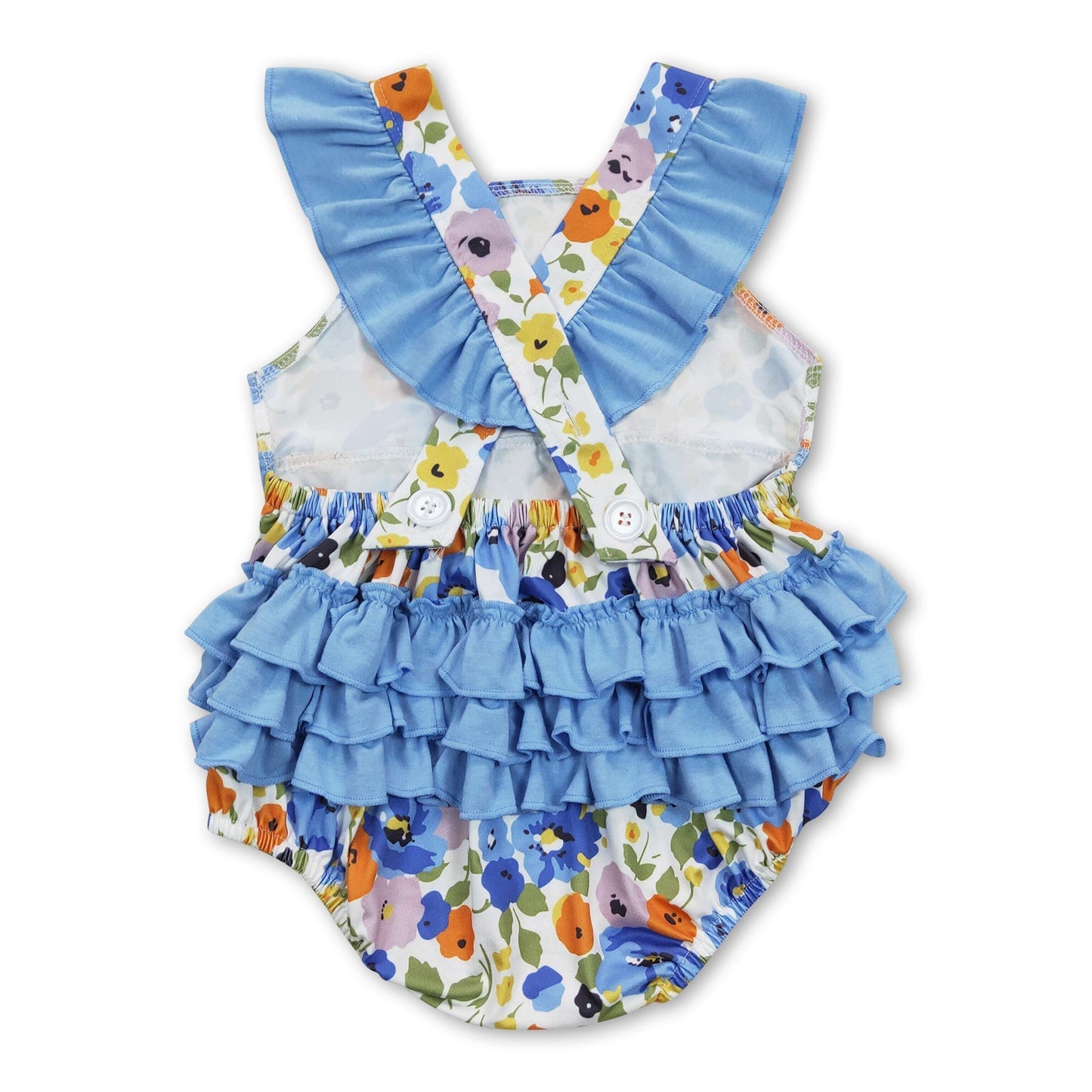 Strampler für Baby-Mädchen mit blauen Blumen und Flatterärmeln für den Sommer