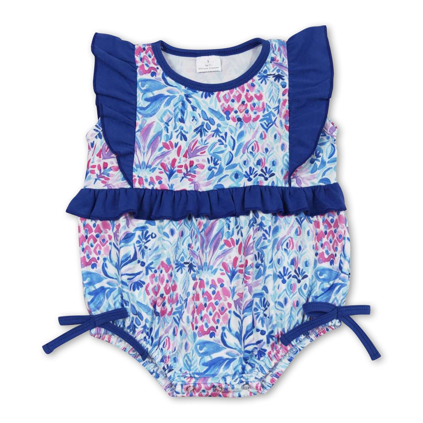Strampler für Baby-Mädchen mit blauen Blüten, Flügelärmeln und Schleife