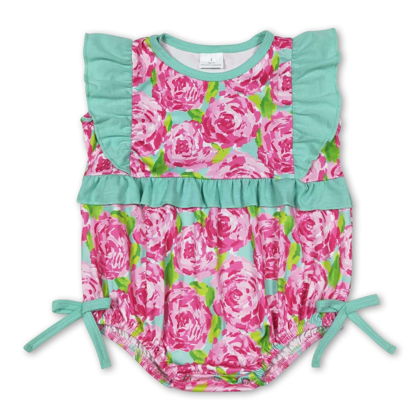 Strampler für Baby-Mädchen mit rosa Blumenmuster, Schleife und Flügelärmeln