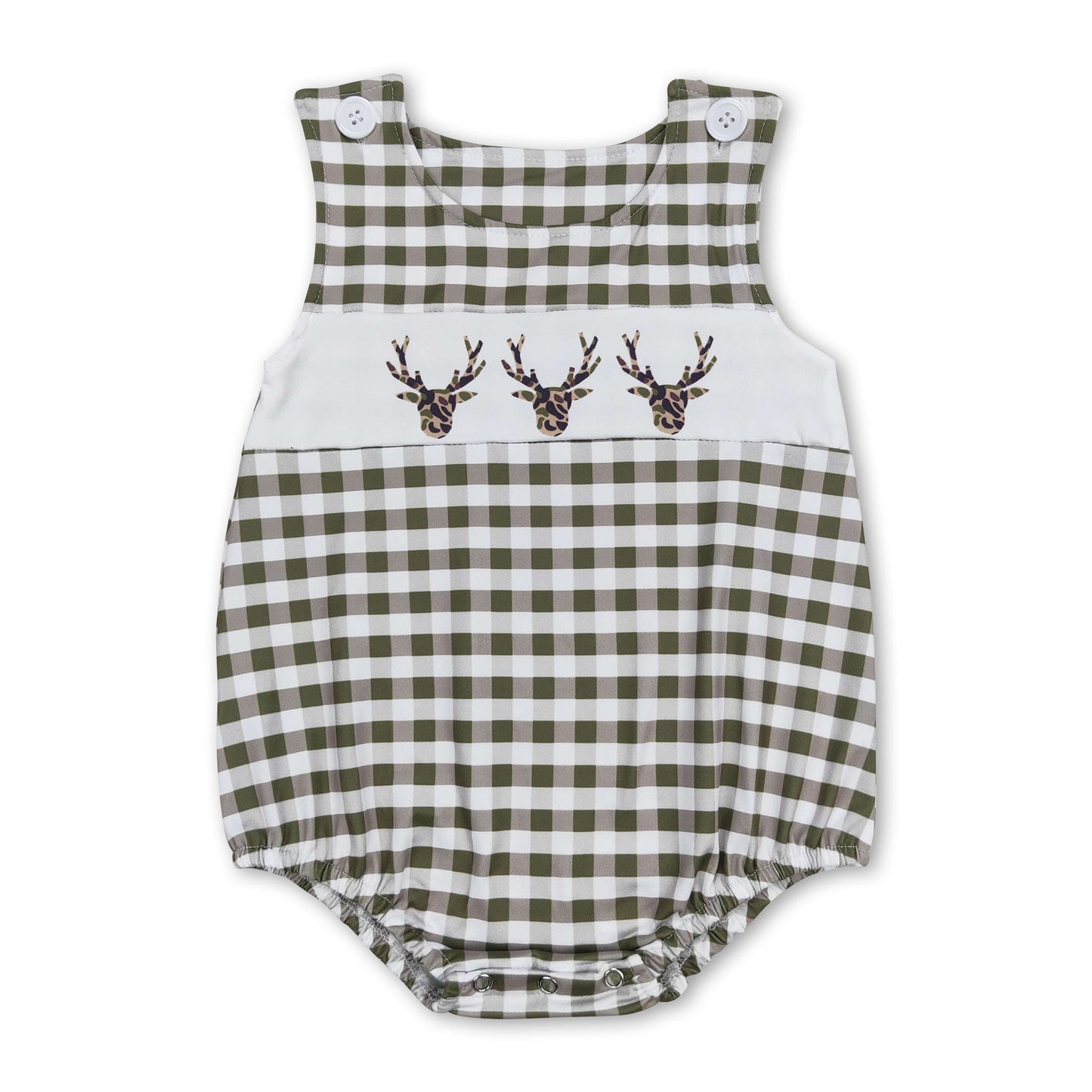 Ärmelloser Baby-Strampler für Jungen mit olivem Karomuster und Hirschmotiv