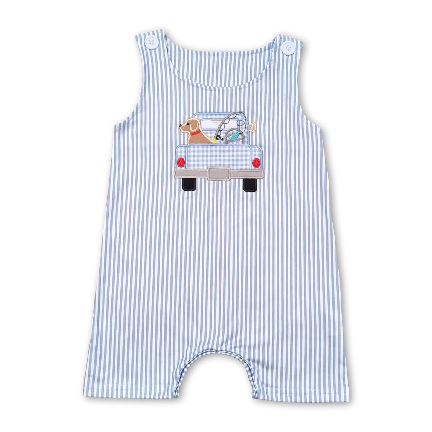 Gestreifter ärmelloser Hunde-Angler-Truck-Baby-Jungen-Strampler