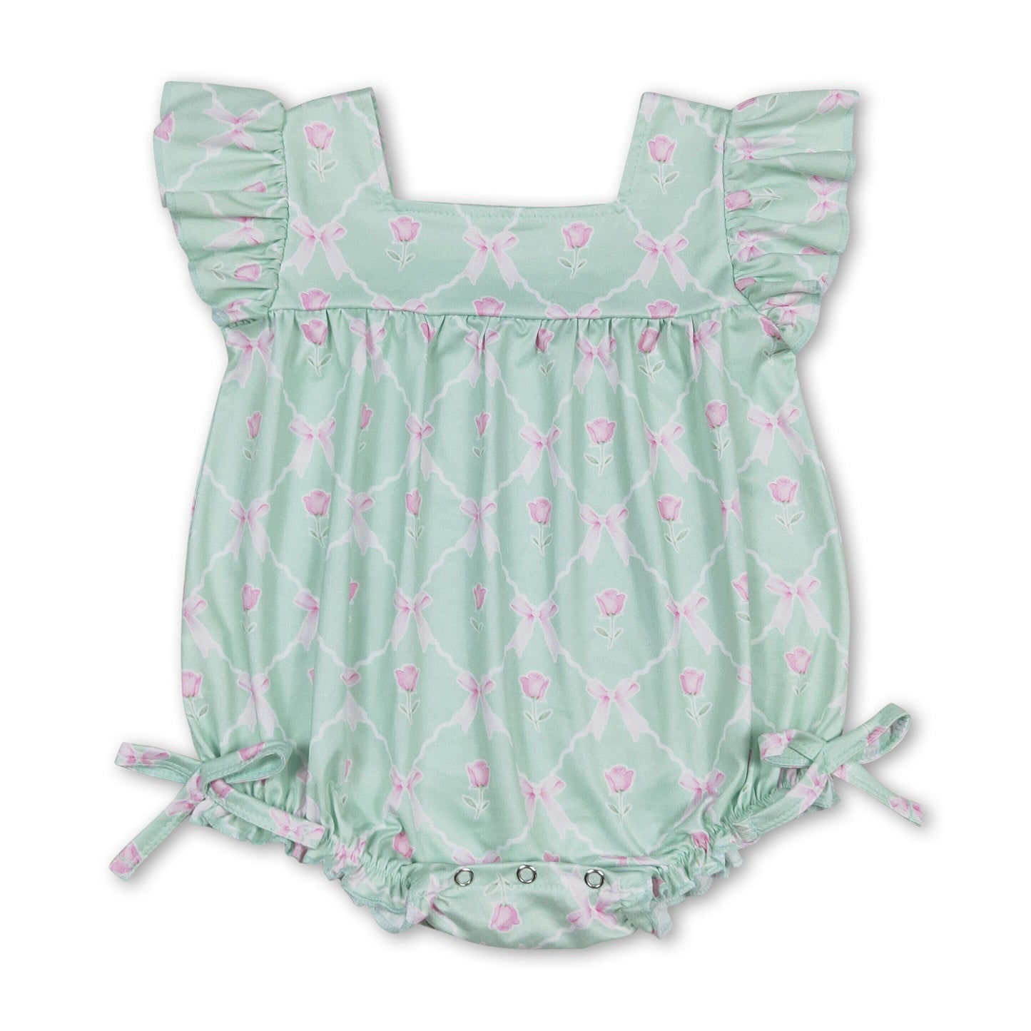 Mintfarbener Strampler mit Blumenmuster und Volantärmeln für Babymädchen
