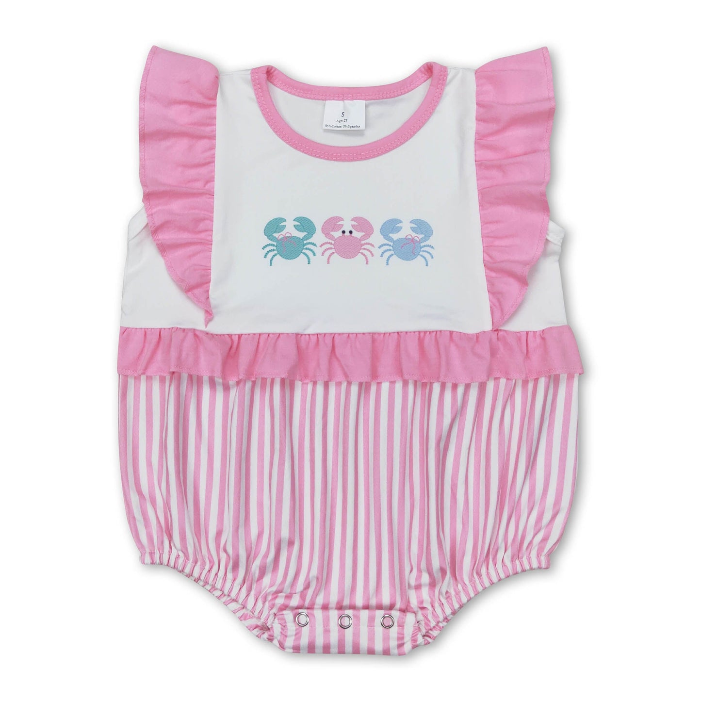 Strampler für Baby Jungen mit Rüschenärmeln in Krabbenrosa gestreift, Sommer