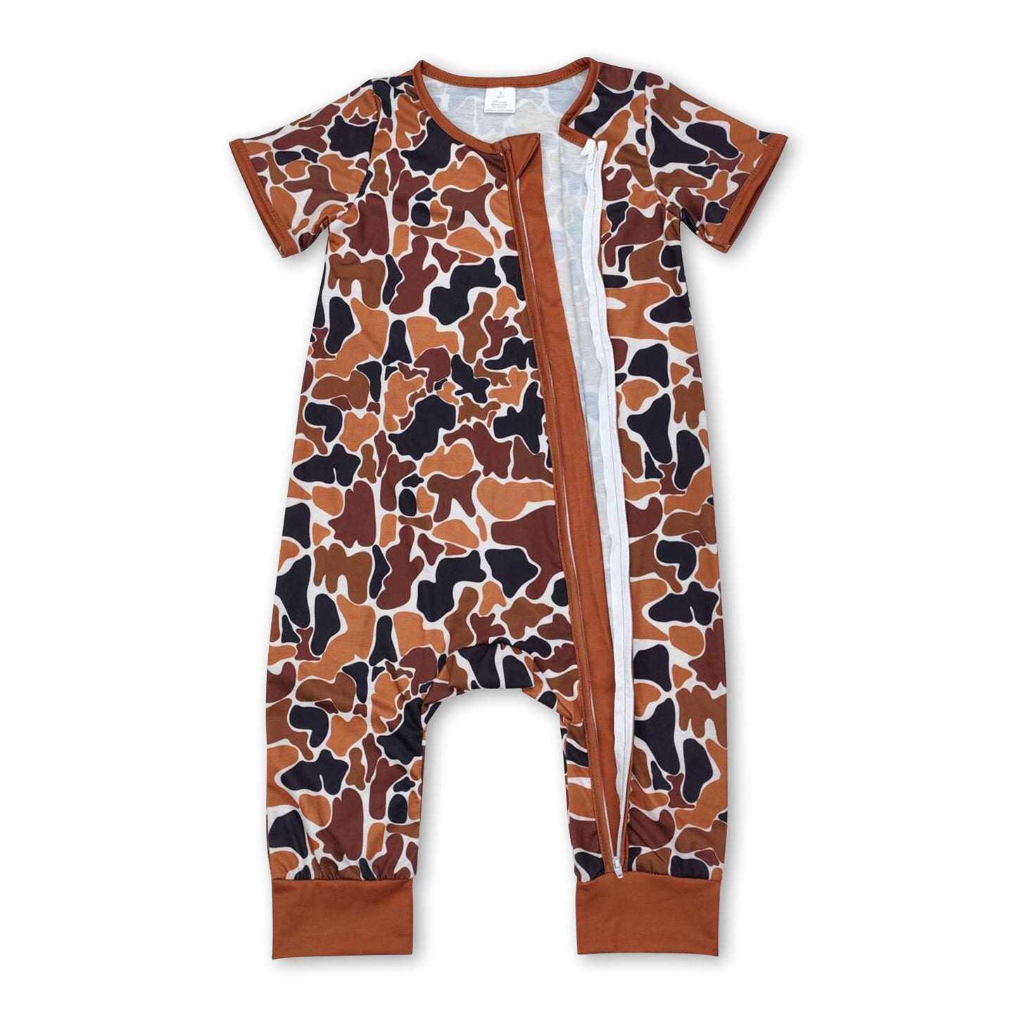 Brauner kurzer Overall mit Reißverschluss für Babys, Tarnmuster