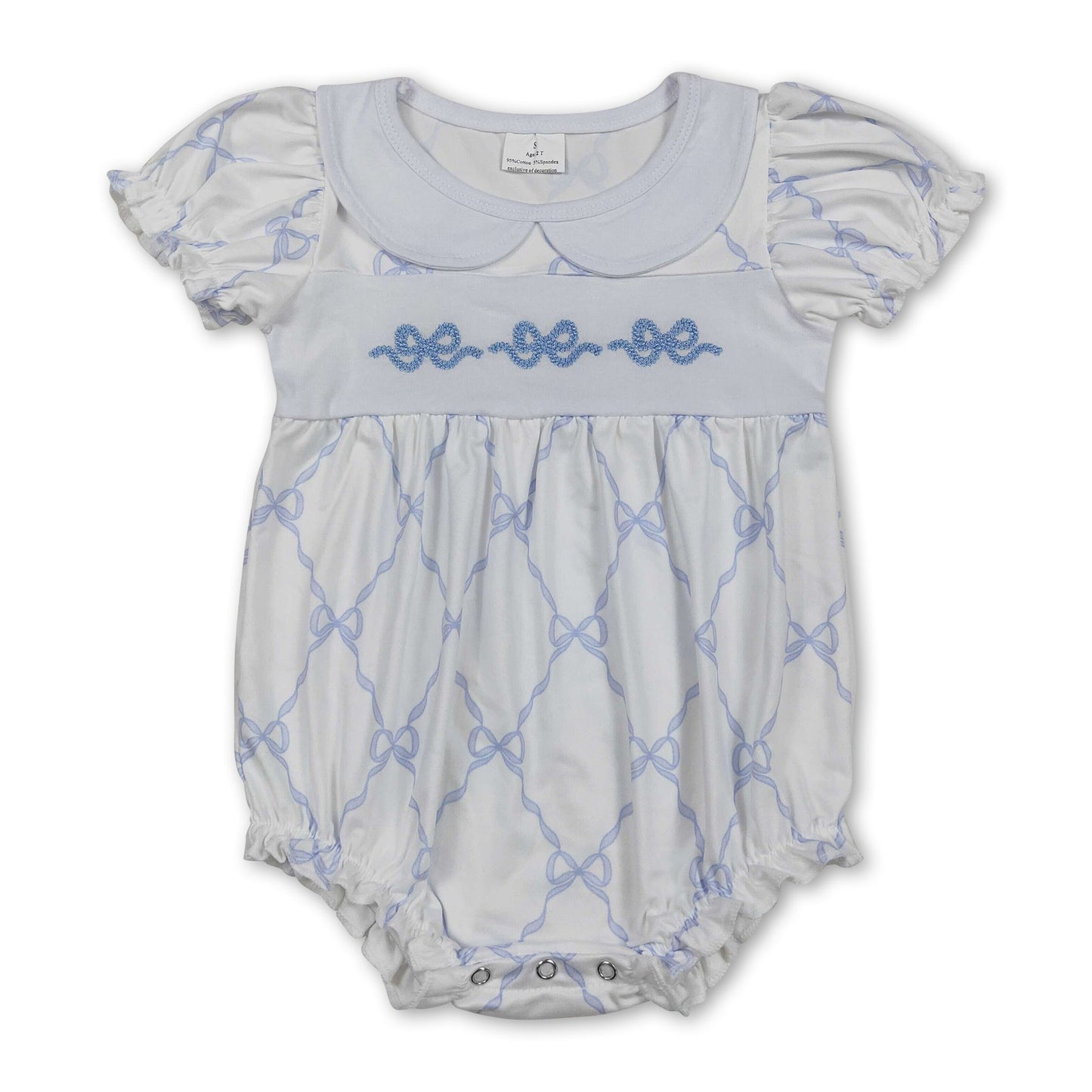 Strampler für Baby-Mädchen mit blauer Schleife und kurzen Ärmeln