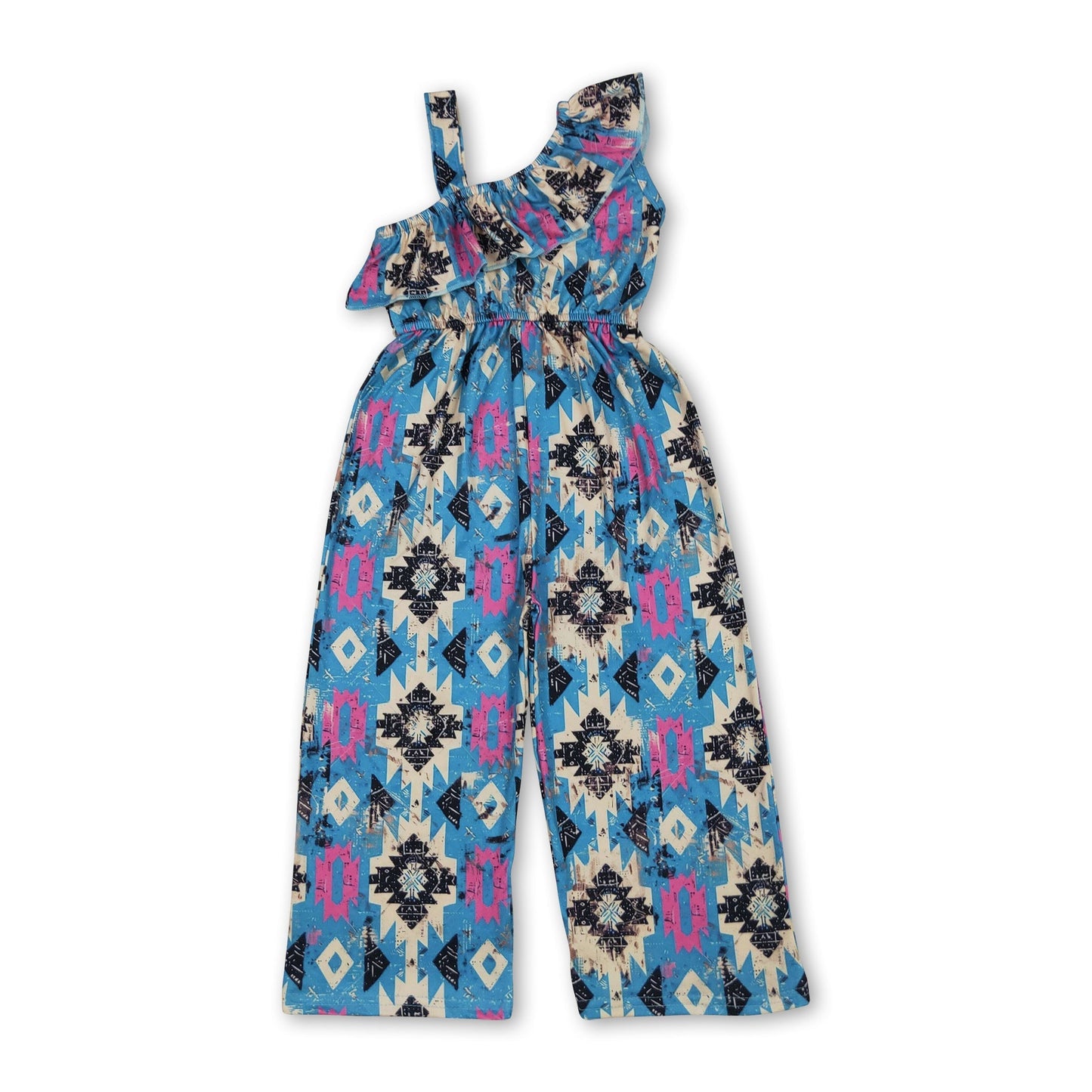 Ein schulterfreier, beige-türkiser Western-Jumpsuit mit Aztekenmuster für Mädchen