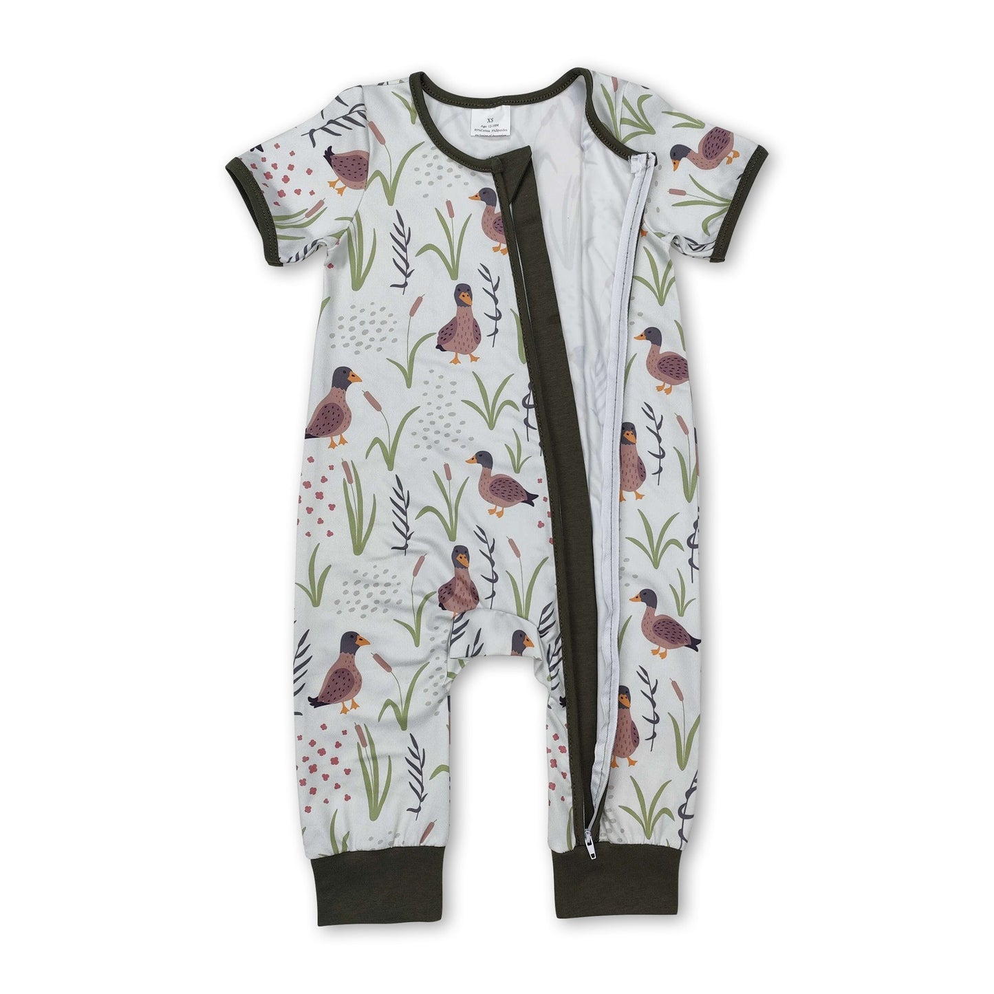 Kurzärmeliger Enten-Gras-Babyjungen-Reißverschluss-Strampler