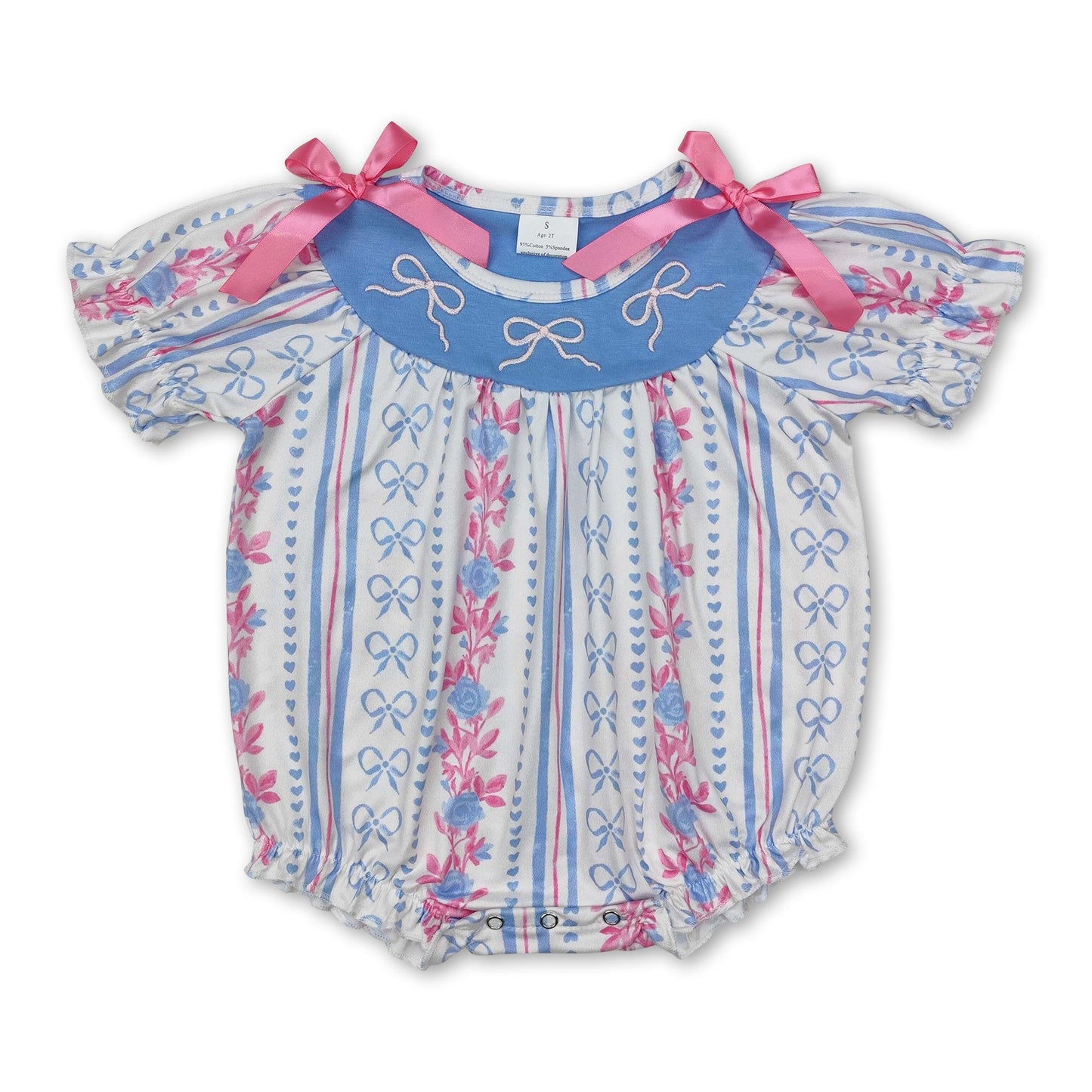 Kurzarm gestreifter hellblauer Strampler für Baby-Mädchen mit Schleife und Blumenmuster