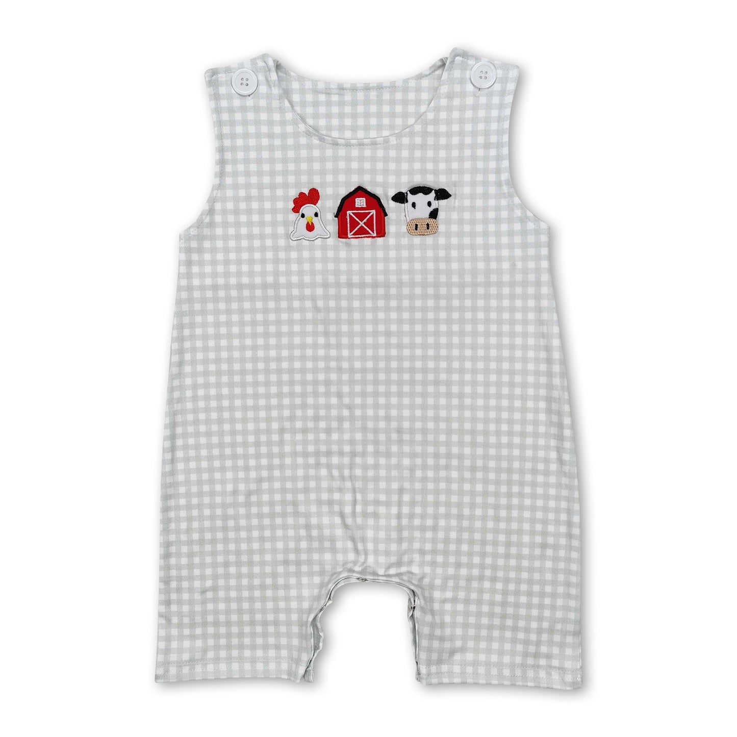 Karierter ärmelloser Strampler für Baby-Jungen mit Huhn und Kuh (Bauernhofmotiv)