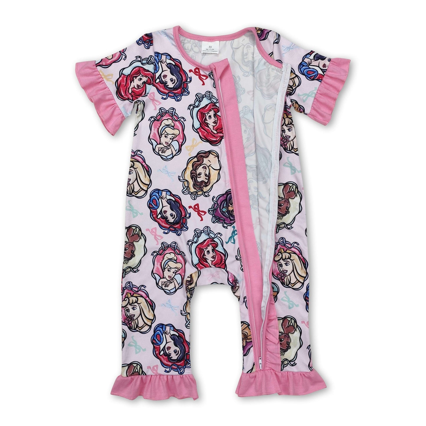 Rosa Rüschenkurzarm-Schleifenprinzessinnen-Strampler für Baby-Mädchen mit Reißverschluss
