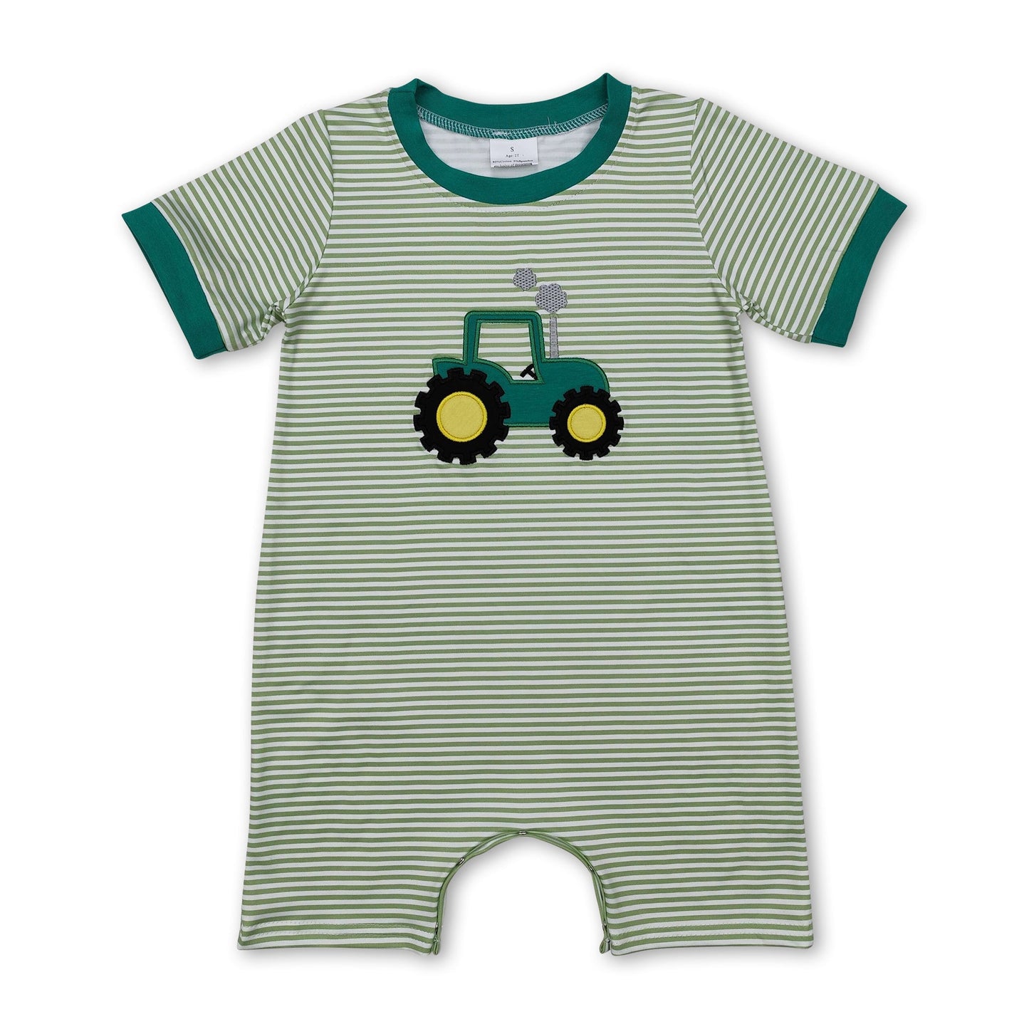 Kurzärmeliger Baby-Strampler mit grünem Traktorstreifen für Jungen
