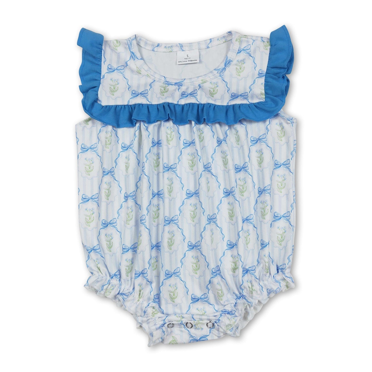 Blauer Rüschen-Strampler für Baby-Mädchen mit Blumenmuster und Schleife