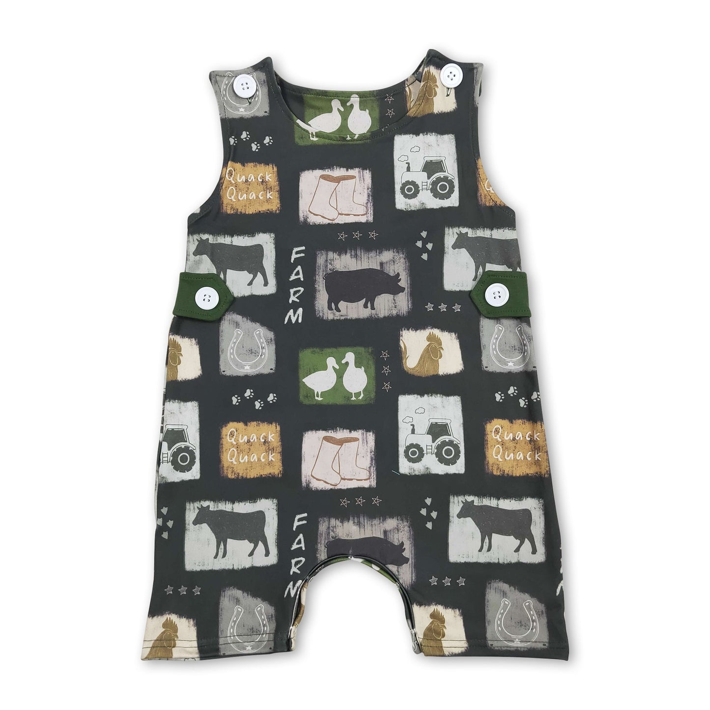 Ärmelloser Baby-Jungen-Bauernhof-Strampler mit Kuh-Traktor-Motiv