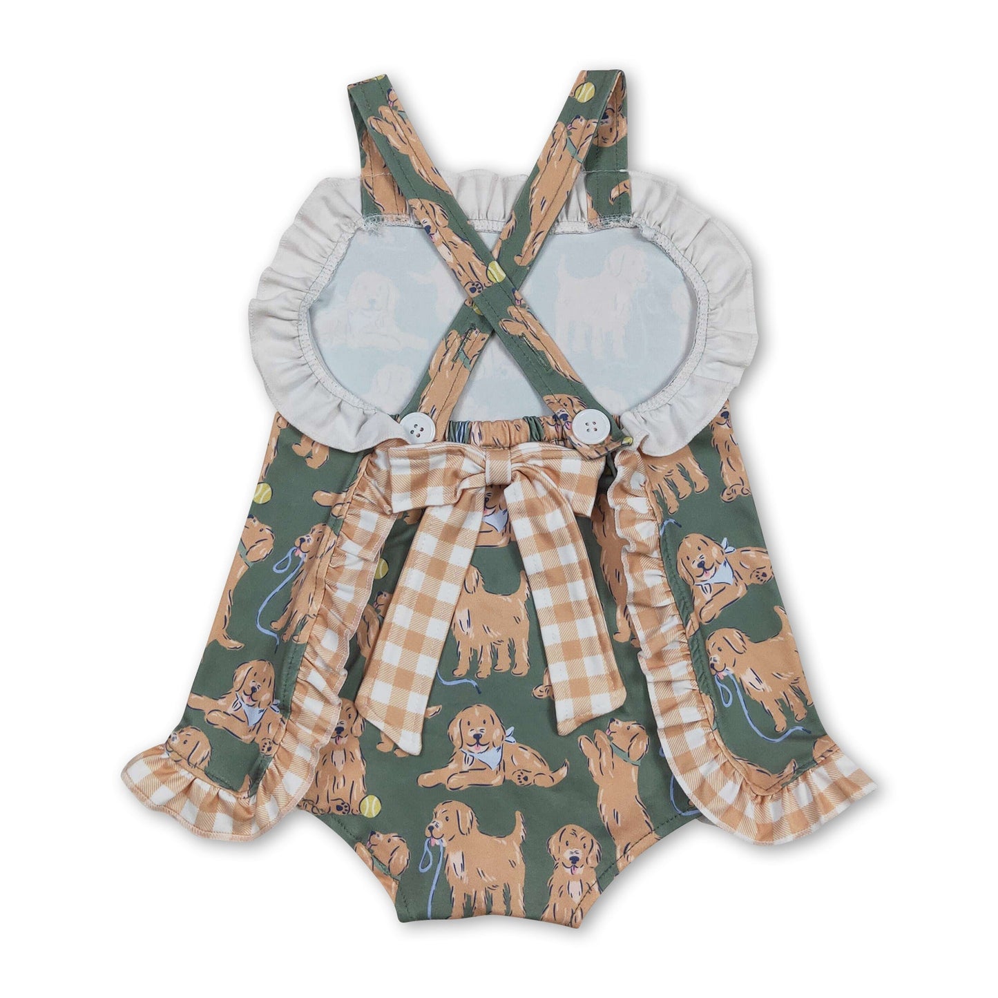 Trägerloser Overall für Baby-Mädchen, Sommer, kariert, Rüschen, Khaki, Hunde-Muster