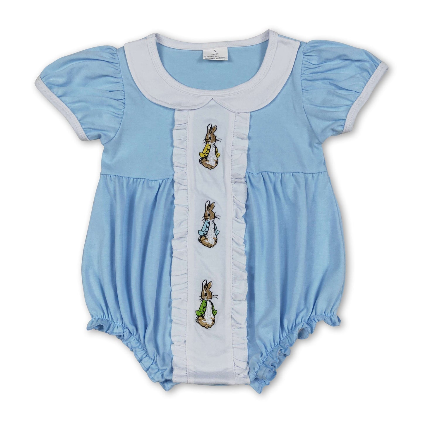 Hellblauer Baby-Strampler mit kurzen Ärmeln und Häschen für Ostern