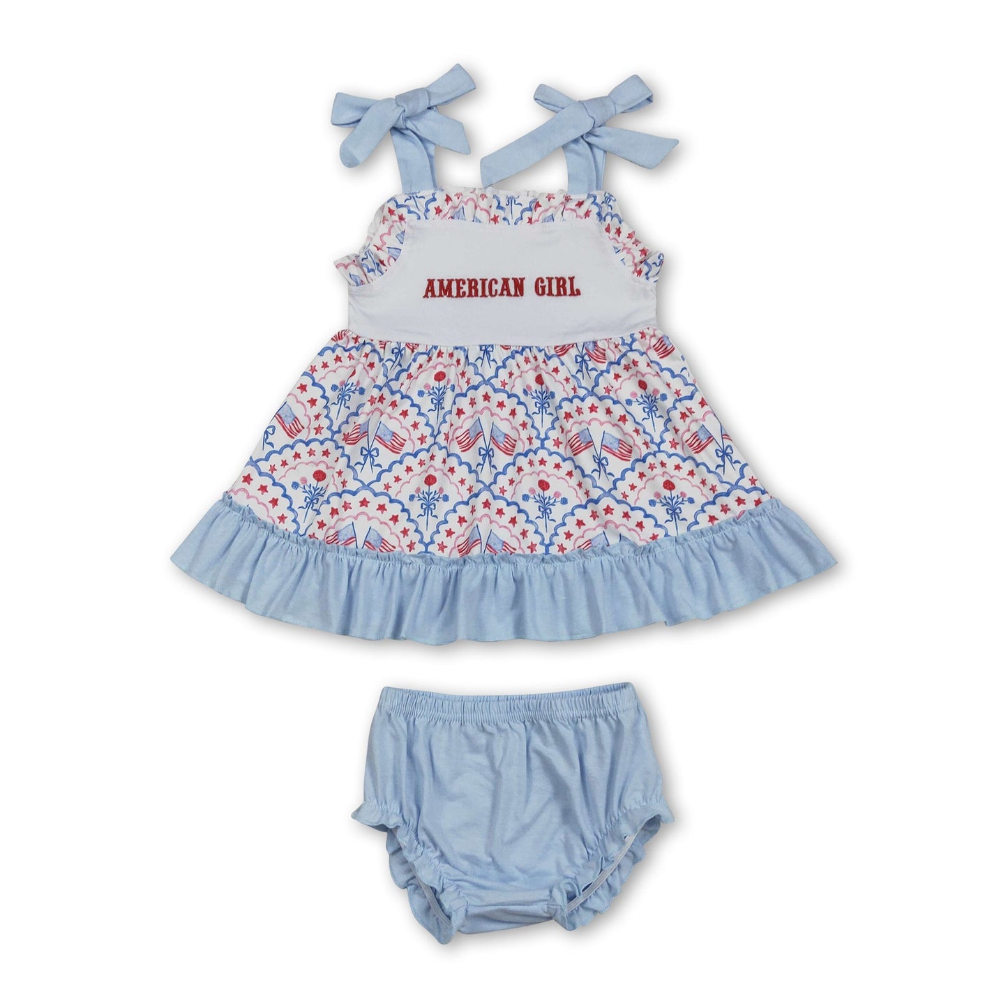 Amerikanisches Mädchen Flagge Blumen Schleife Baby Mädchen 4. Juli Bummies Set