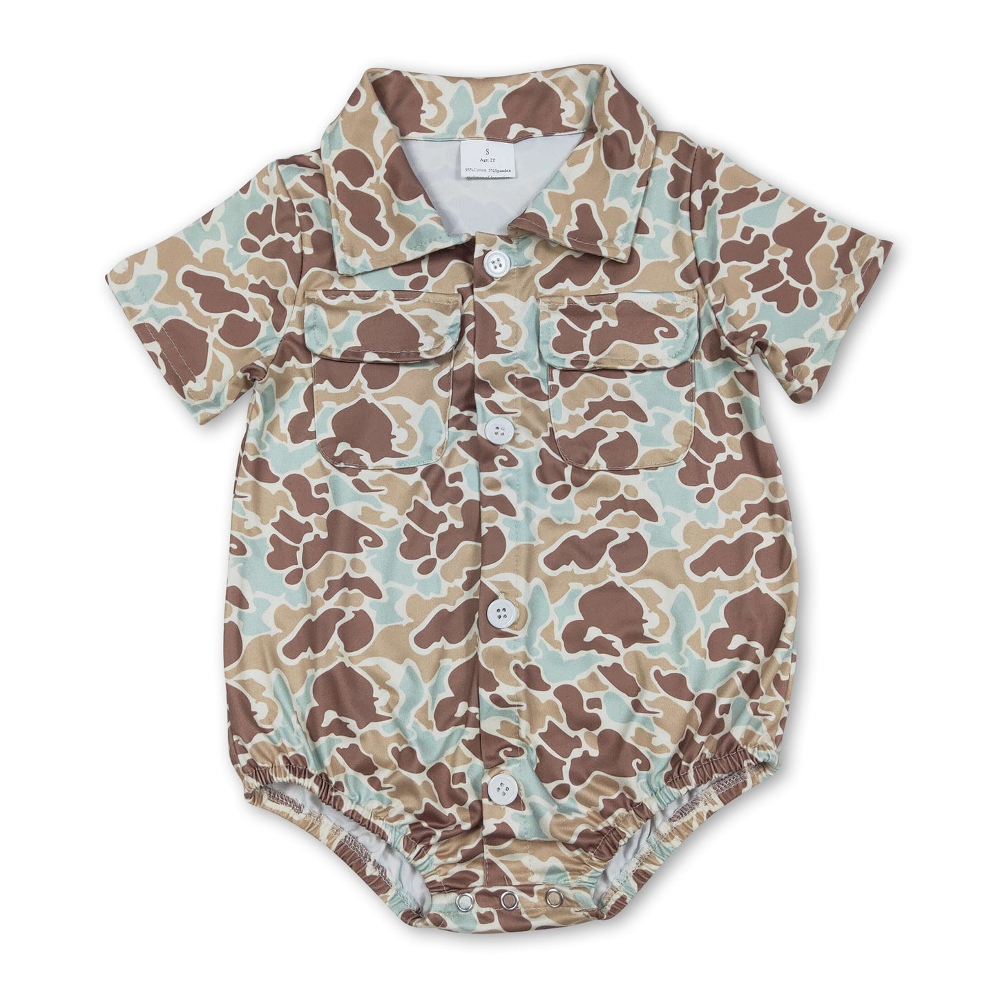 Kurzärmliger Baby-Strampler für Jungen mit Minz-Camo-Taschen und Knöpfen