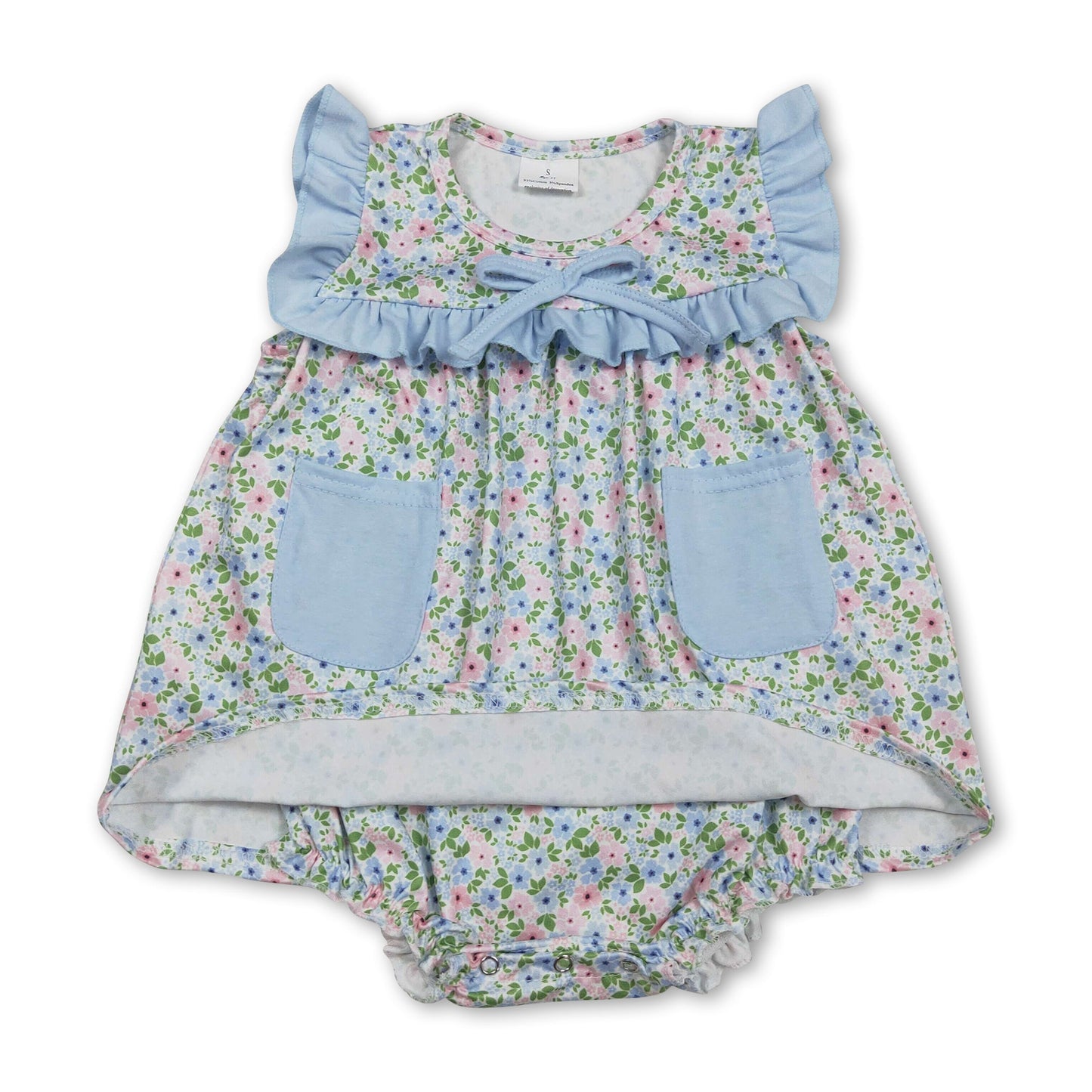 Hellblauer Strampler für Baby-Mädchen mit Rüschen, Blumenmuster und Taschen