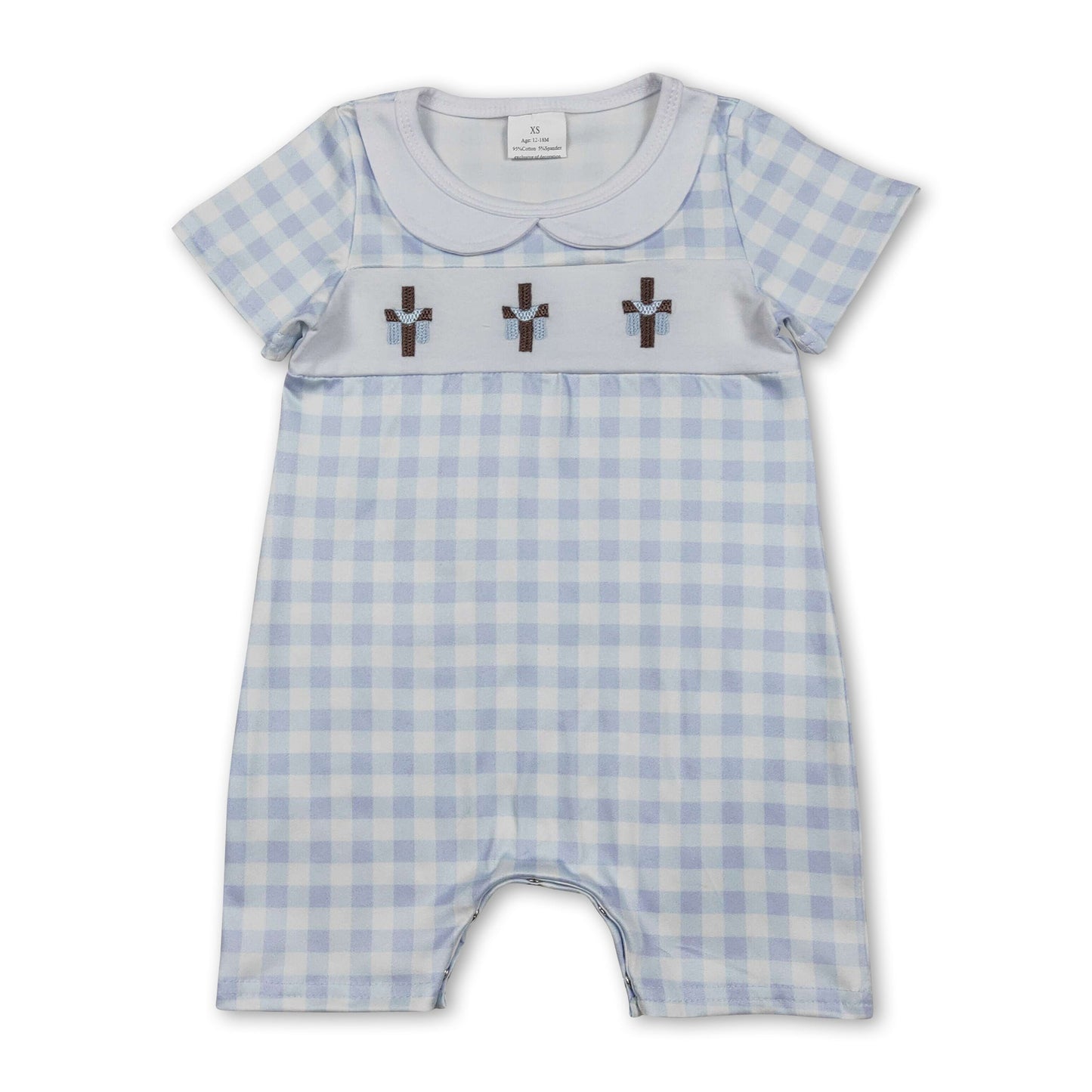 Gestreifter kurzärmeliger Baby-Jungen-Strampler mit Kreuz-Stickerei für Ostern