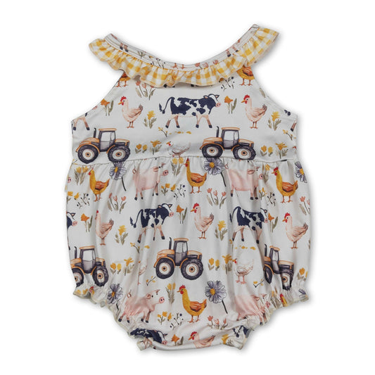 Yellow plaid ruffle sleeveless farm baby girls romper