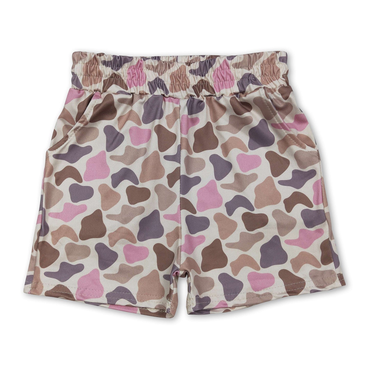 Rosa-braune Camouflage-Shorts für Mädchen mit Taschen und Gummizug