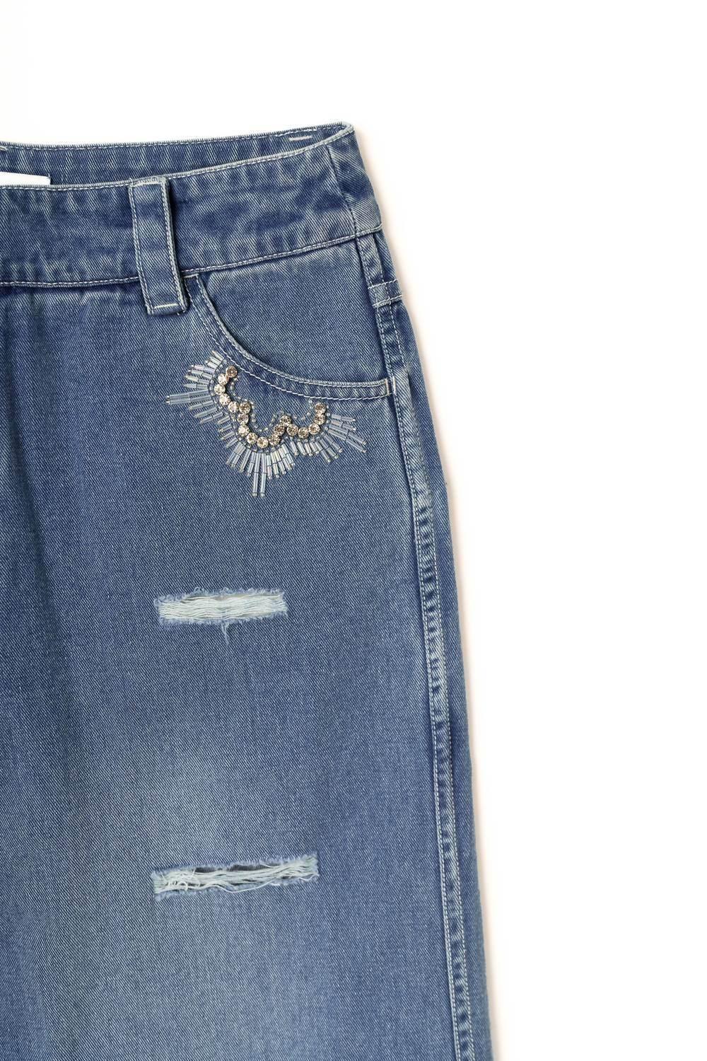 Damen Stone Embossed & Distressed Jeanshose