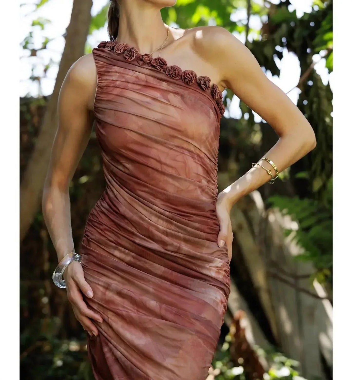 Floral Ruched Rosette One-shoulder Midi Dress