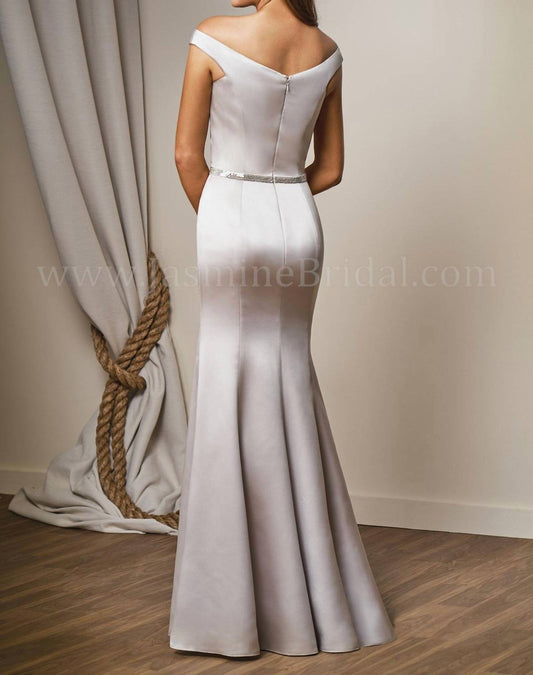 Belsoie Off-The-Shoulder Satin Gown with Belt