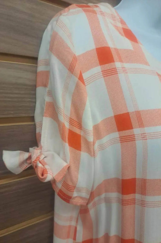 Women's Tied Short Sleeve Plaid Linen Blouse