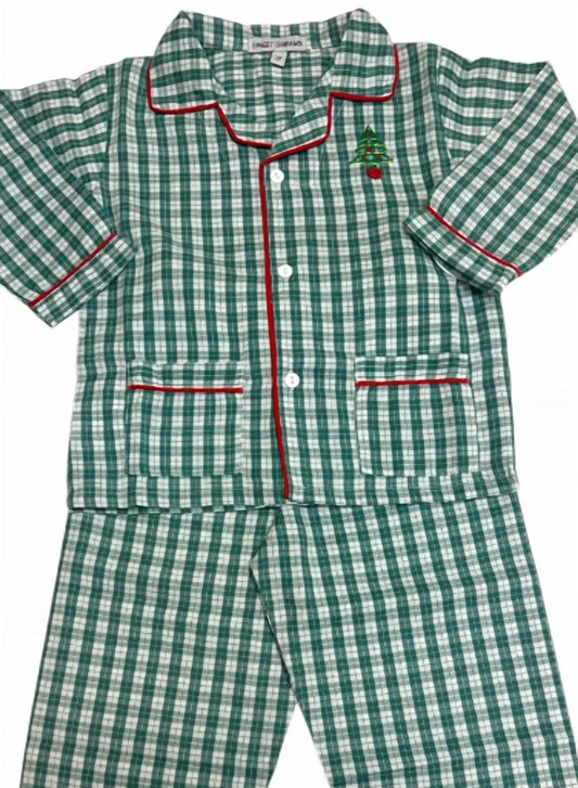 Boy's Christmas Tree Embroidered Plaid Pajama Set
