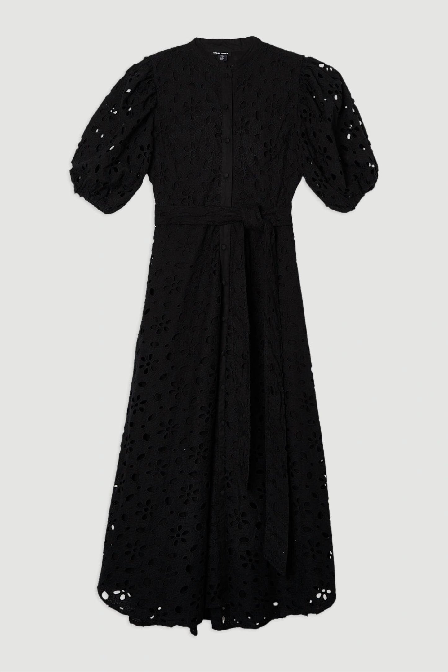 Baumwoll-Broderie-Midi-Kleid mit Gürtel und kurzen Ärmeln