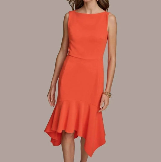 Boat-neck Sleeveless Ruffled-hem Sheath Dress