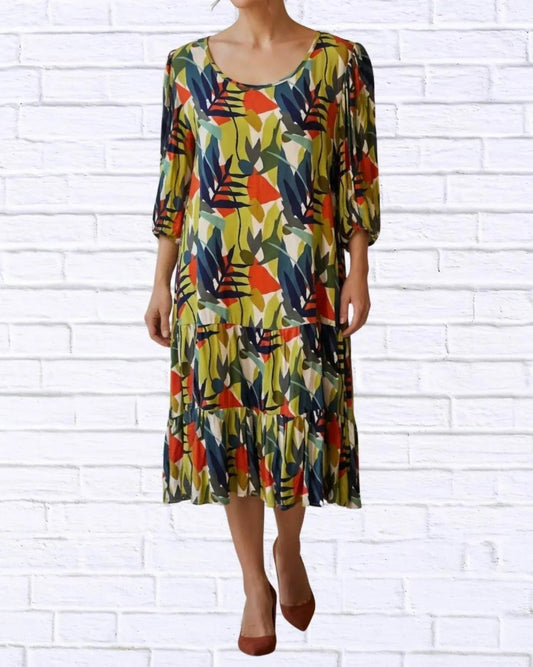 Abstract Leaf Print Woven Midi Dress