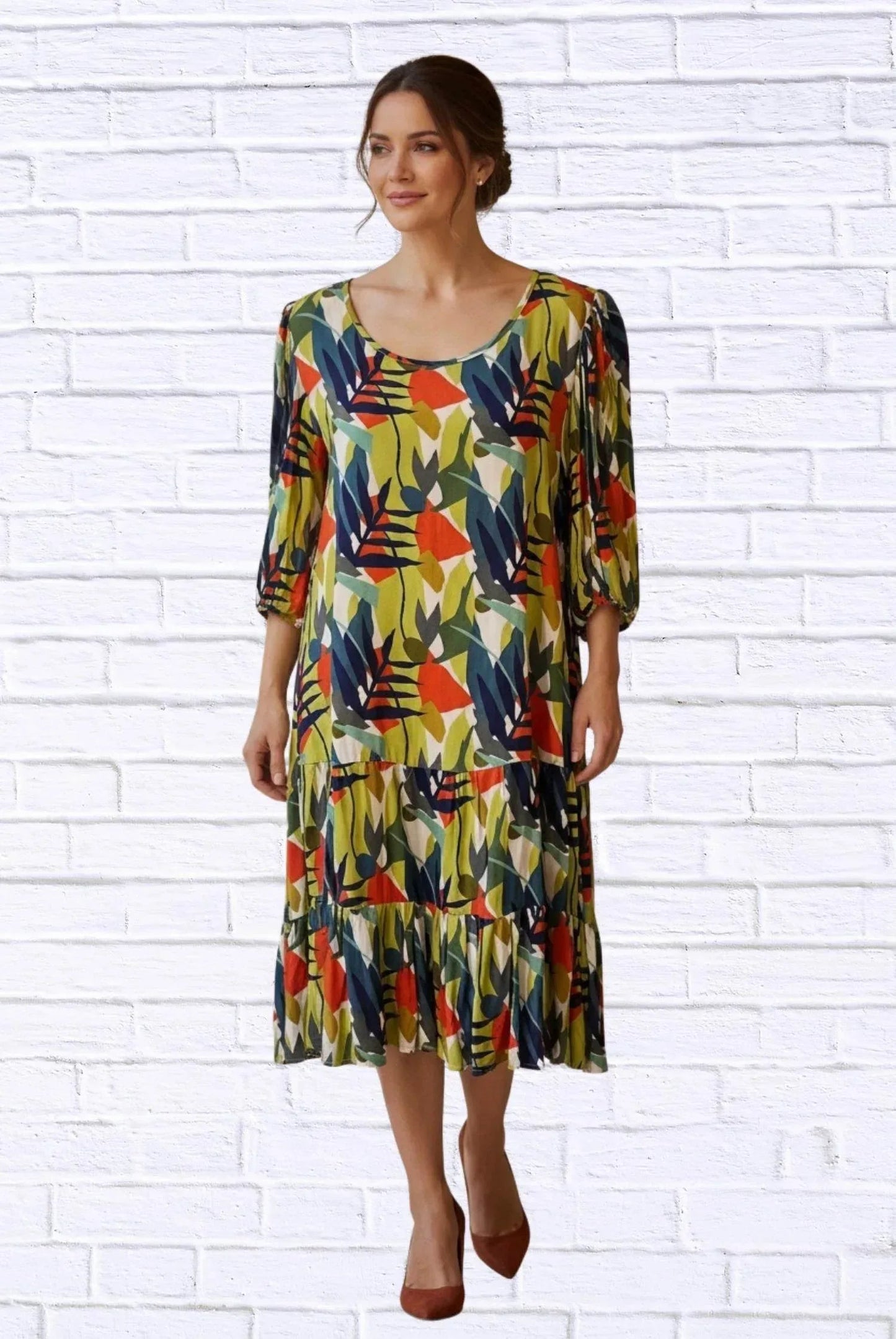 Midi-Kleid aus Webstoff mit abstraktem Blattdruck