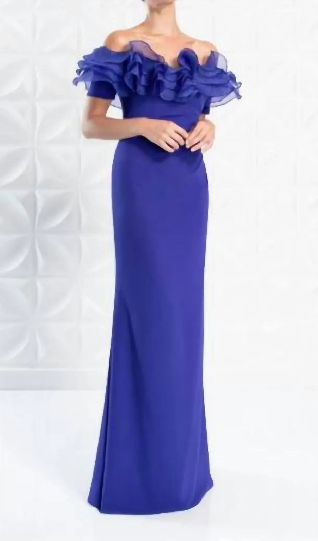 Organza Ruffle Off Shoulder Crepe Gown