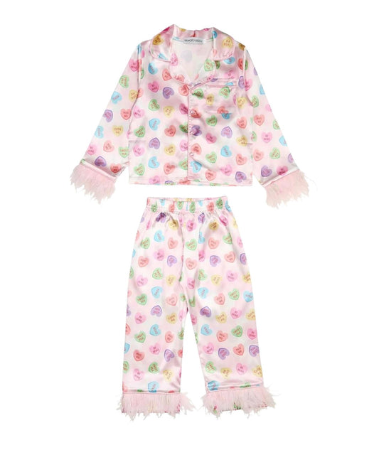 Mädchen Pyjama-Set "Liebling" aus seidigem Stoff mit Federbesatz