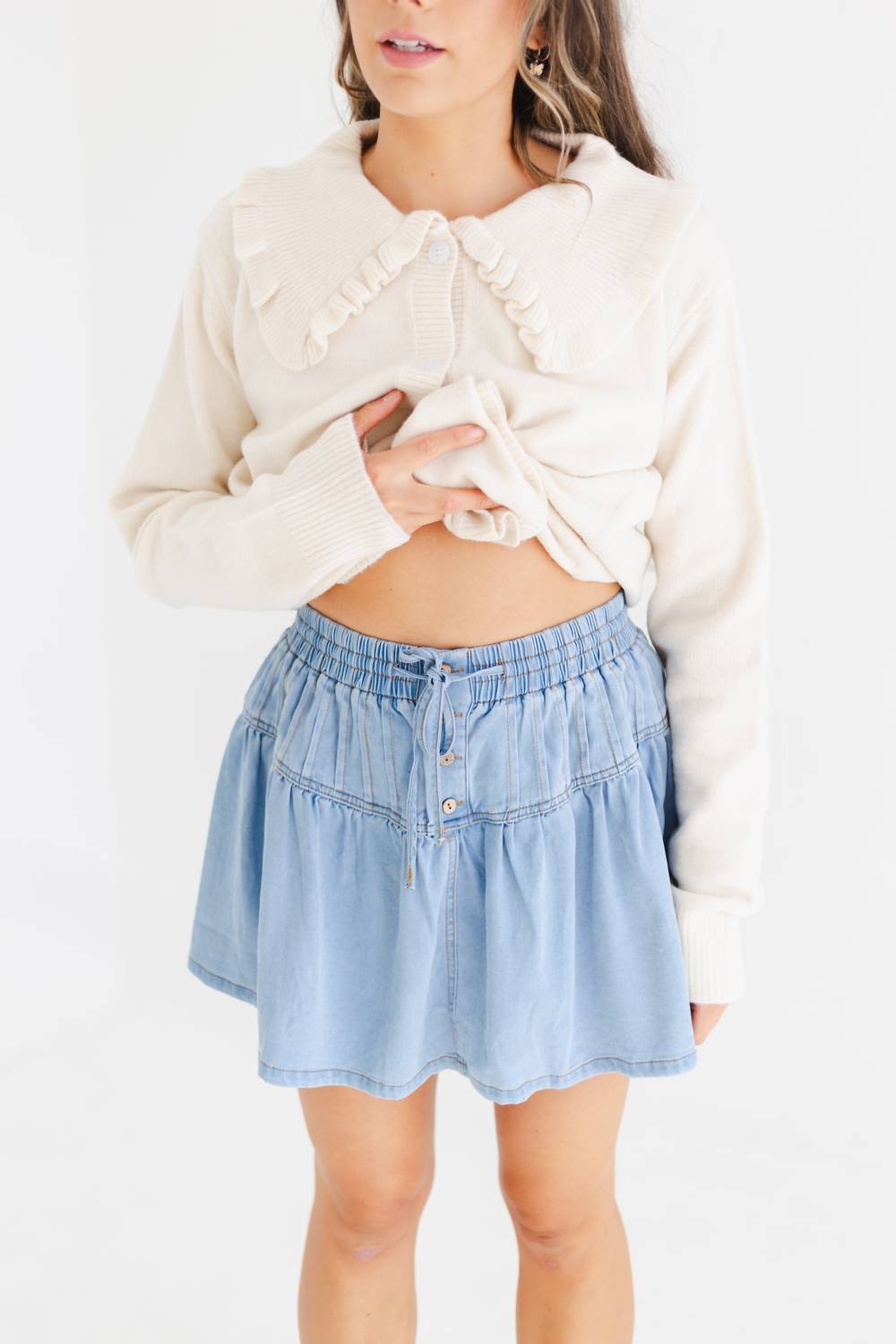 Damen Denim Stretch Soft Denim Pintuck Schlag-Minirock