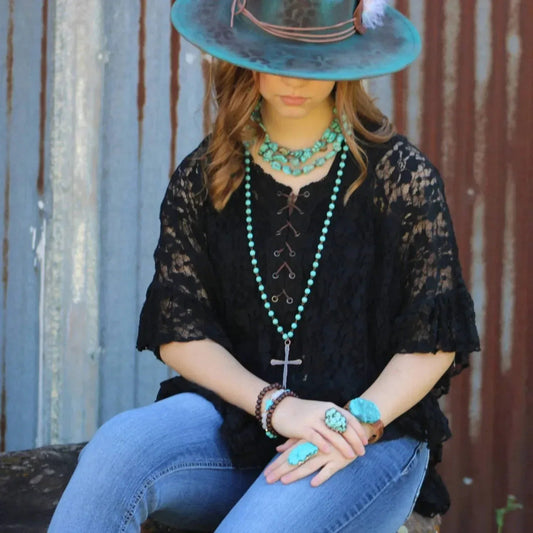 Women's Long Beaded Antique Copper Cross Necklace