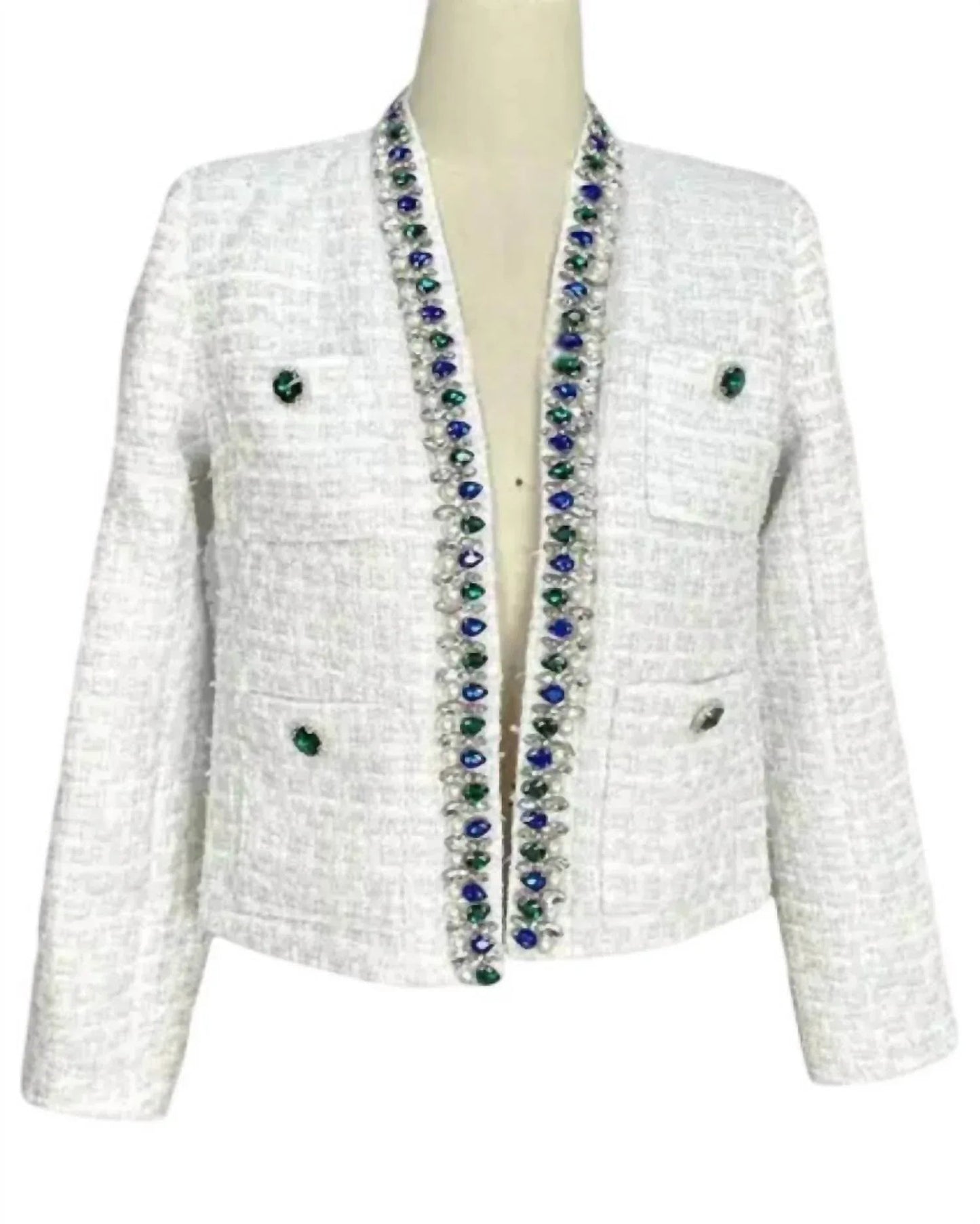 KURZE JACKE MIT JACQUARDMUSTER UND OFFENER VORDERSEITE