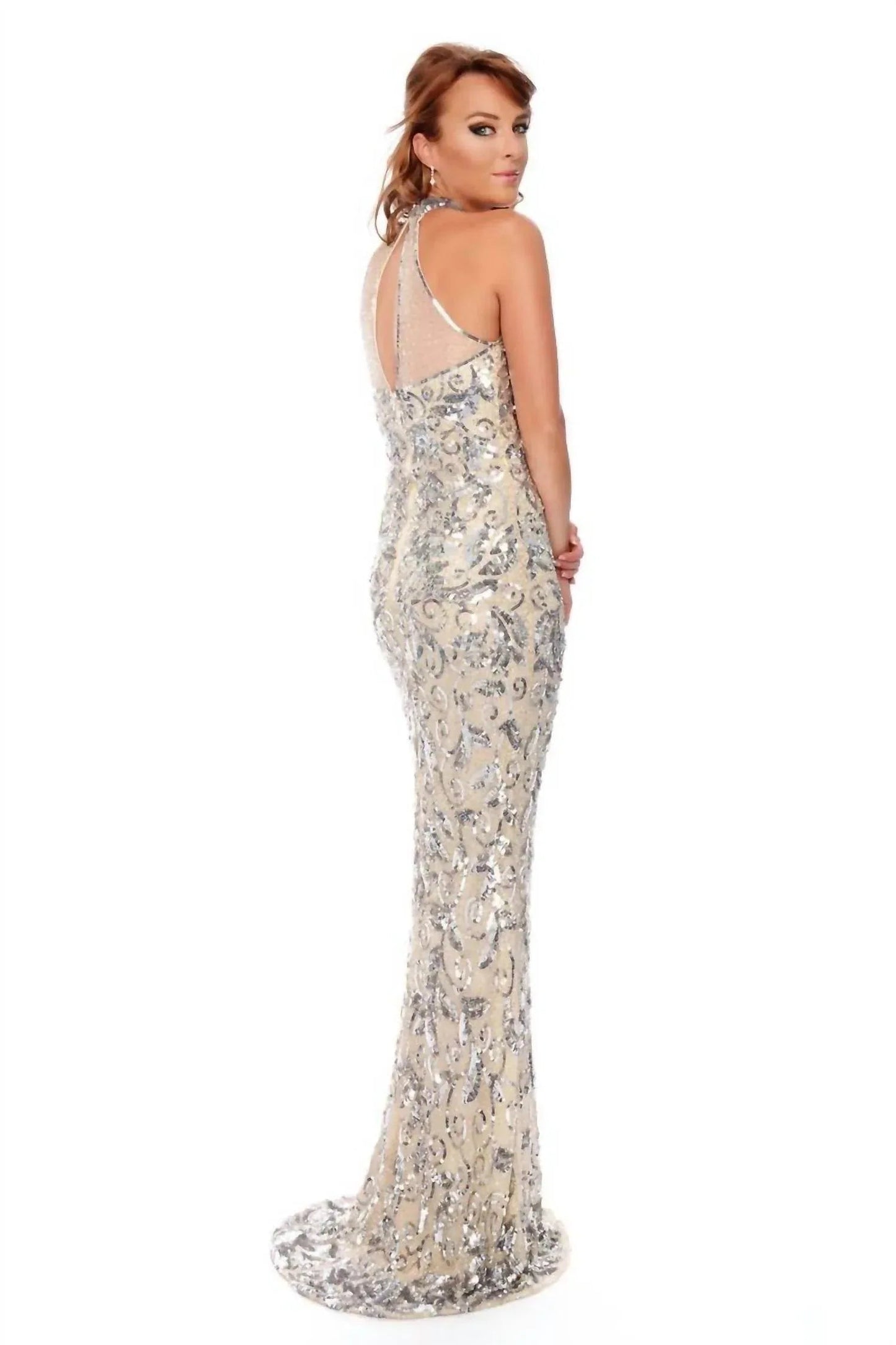 Halter Neck Illusion Sequin Evening Gown