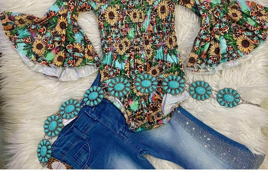 Baby-Body mit Sonnenblumen- und Leopardenmuster für Mädchen und passendem Stirnband