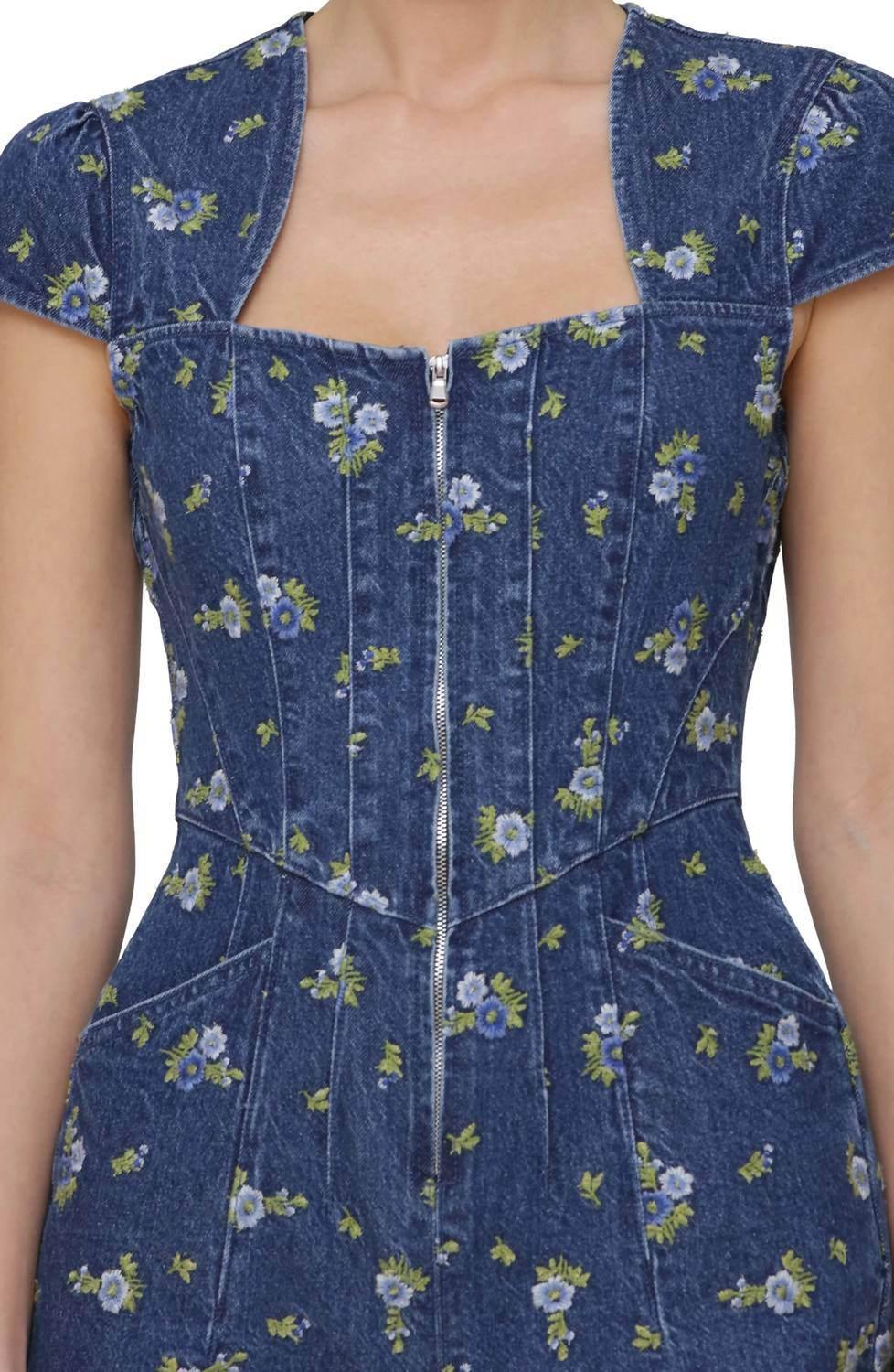 Floral Cap Sleeve Corset Wide Leg Denim Jumpsuit