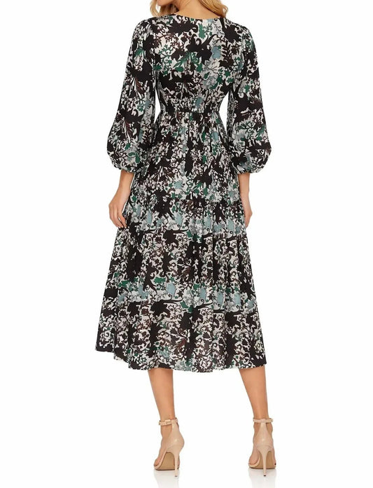 Abstract Floral Puff Sleeve Midi Dress