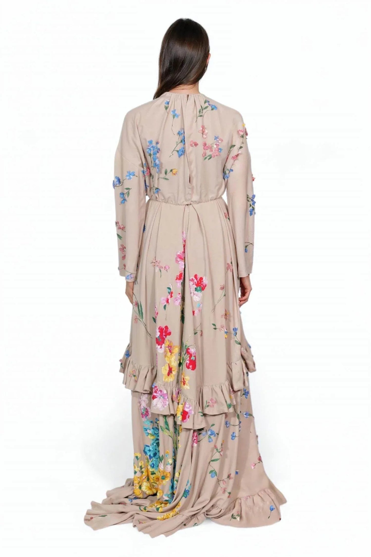Geblümtes, besticktes Kleid mit Rüschensaum