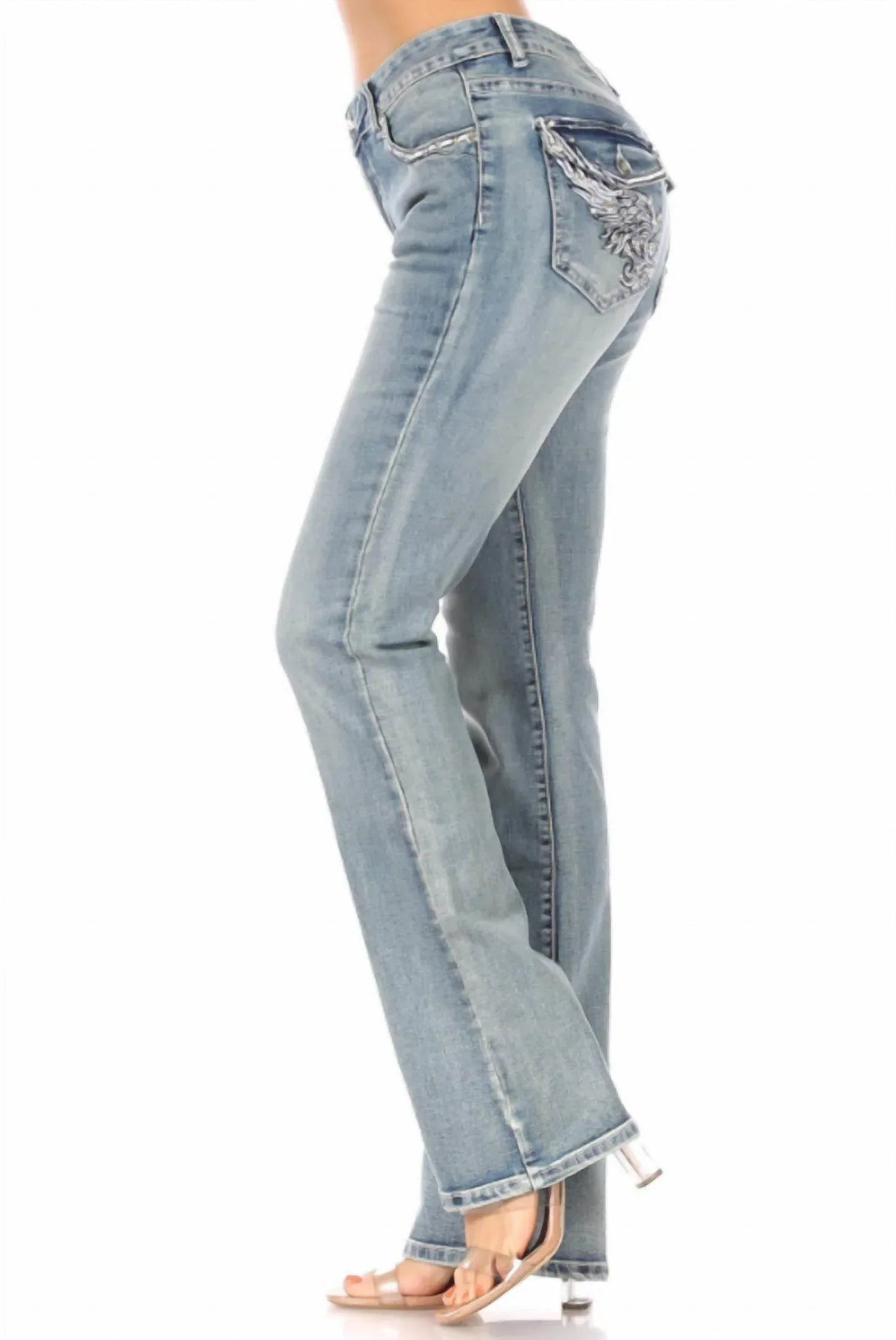 Sparkle Wings Used-Look Totenkopf-Jeans