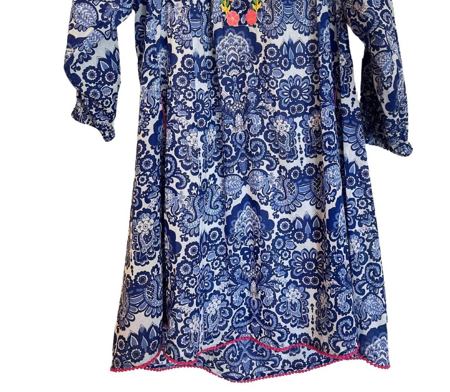Short Dress Blue White Flower Embroidery