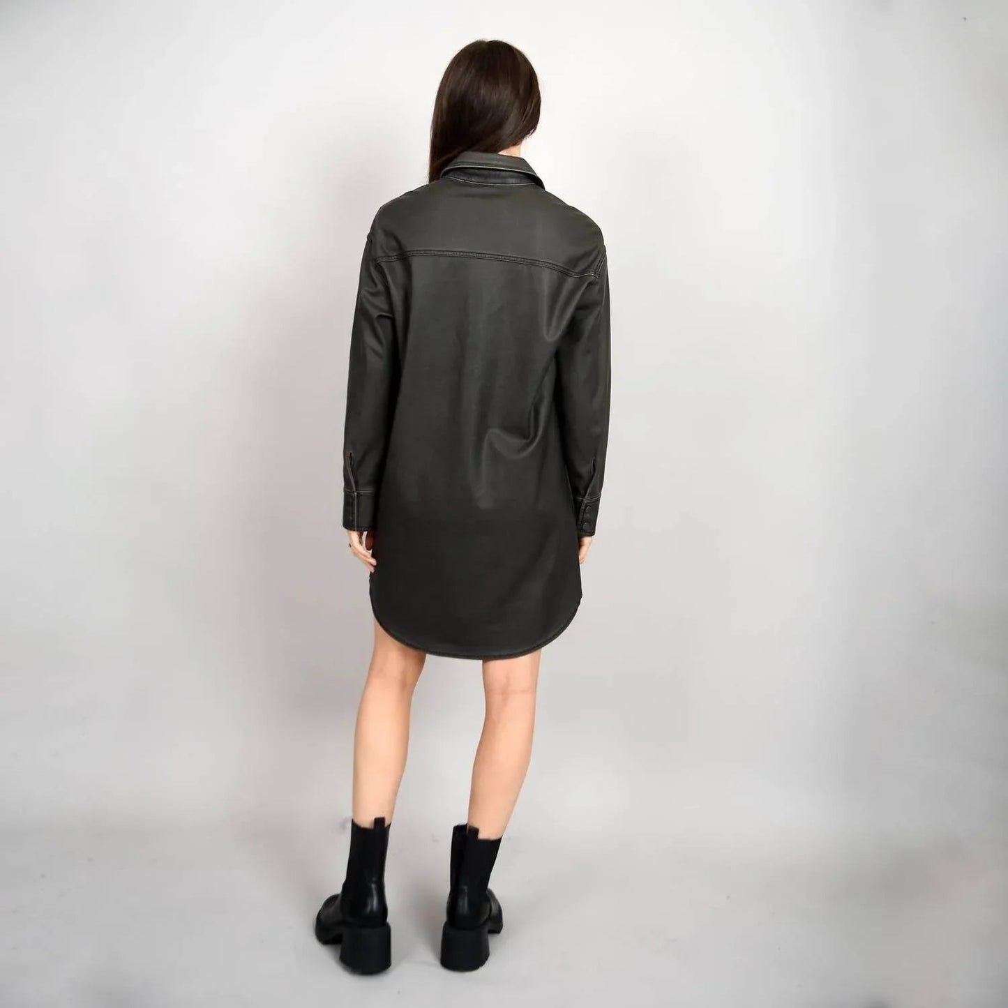 Aliska Distressed Faux Leather Snap Front Shirt Dress