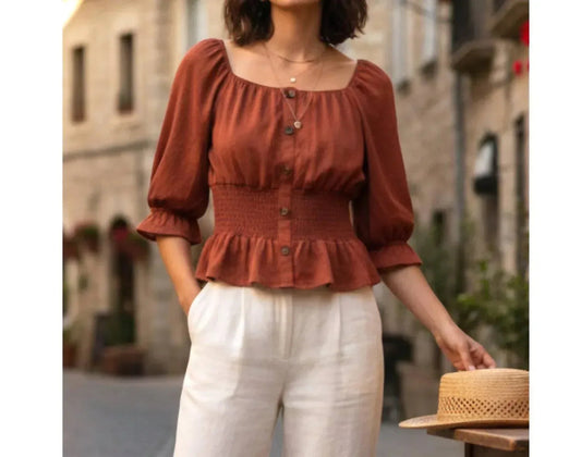 Button Accent Cinched Waist Knit Boho Blouse