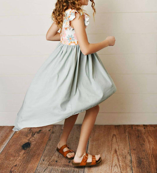 Mädchen Retro Gänseblümchen Vokuhila Kleid mit Volantärmeln